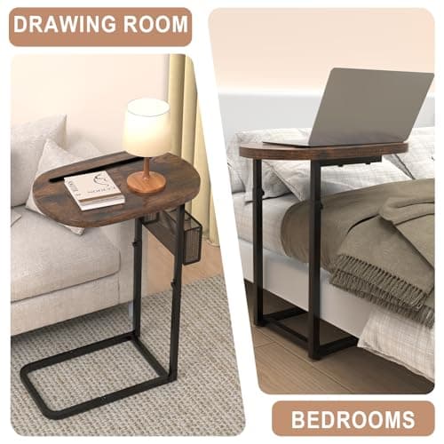 Fashion TV Tray Table with Large Tabletop, Adjustable Sofa Table with Storage Baskets, Strong Metal Frame, Tv Dinner Tray Table for TV Watching, Meals, Snacks (Oval, Brown, 16.93inch x 12.6inch) 6