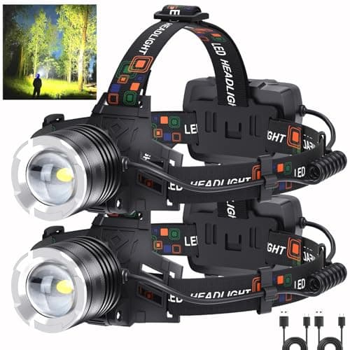 LED Rechargeable Headlamp 2 Pack, 99,000 Lumens Head Lamps (Include Βattery) Super Bright Long Distance Headlamps with 5 Mode Waterproof, 90° Adjustable Head Lights for Forehead Adults Outdoor Camping