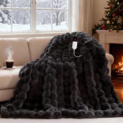AEPINBH Electric Blanket, Soft Faux Rabbit Fur Bubble Heated Blanket with Dual Control 6 Heating Levels & 4 Hours Auto-Off, Machine Washable, Fast Heating (Dark Gray, 50"X60")