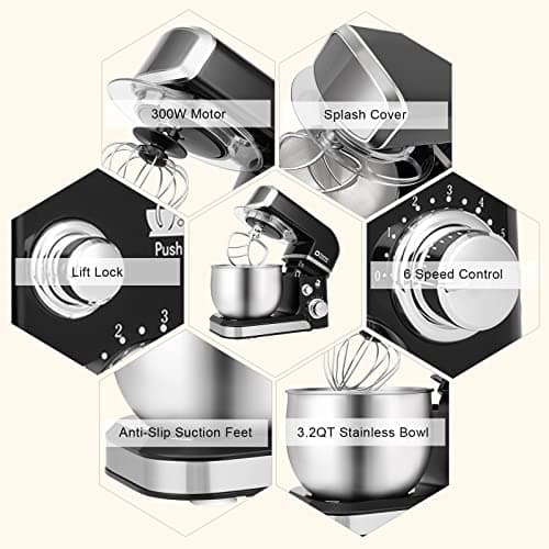Kitchen in the box Stand Mixer,3.2Qt Small Electric Food Mixer,6 Speeds Portable Lightweight Kitchen Mixer for Daily Use with Egg Whisk,Dough Hook,Flat Beater (Black) 5