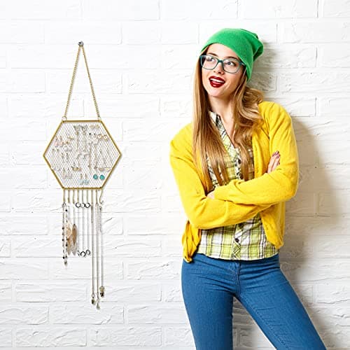 Jetec 2 Pcs Earring Wall Holder Wall Mounted Earring Organizer Hanging Jewelry Stand Decorative Diamond Grid Shape Display Rack with Hooks for Earrings Necklace Bracelet(Gold) 6