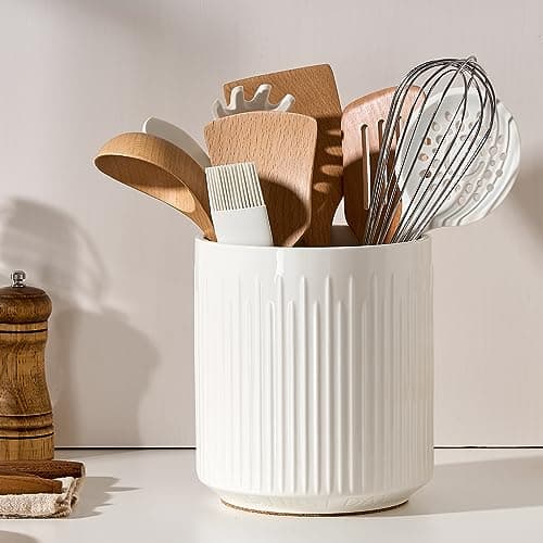 JIEMEI HOME Utensil Holder, 7.2" Large Ceramic Stable Utensil Crock for Kitchen Counter, Utensil Holder with Cork Mat, Removable Bamboo Divider for Easy, Kitchen Decor, White
