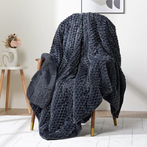 Wemore Fleece Weighted Blanket for Adults (60" x 80" 15lbs, Grey-Blue), Dual Sided Cozy Soft Sherpa Heavy Blanket, 3D Imitation Turtle Shell Warm Jacquard Flannel Weighted Blankets for Couch and Bed