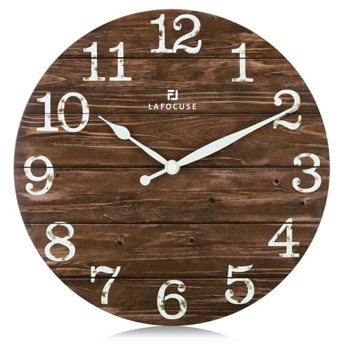 Lafocuse 12 Inch Silent Brown Wall Clocks for Kitchen Living Room Decor, Wooden Rustic Wall Clock Battery Operated, Decorative Farmhouse Clock