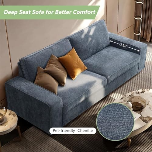 LEISLAND 88.58" Couches for Living Room, Modern Chenille Couches and Sofas Living Room Furniture with Metal, Solid Wood Armrest, Removable Cushion/Easy to Install(Blue) 5