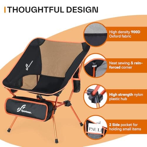 Sportneer Camping Chairs, Lightweight Outdoor Chairs with 2 Side Pockets & Storage Bag, Foldable & Portable Lawn Chairs for Camping Hiking Lawn Picnic Beach Outdoor Travel (1, Orange) 5