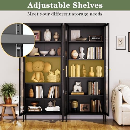 Lucky Monet 5-Tier Glass Display Cabinet with 13 Color Lights, 67" Tall Metal Curio Cabinets with Glass Door & Adjustable Shelves, Large Display Case for Collectibles Figures China Books, Black 5