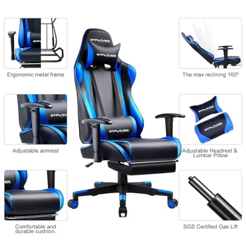 GTPLAYER Gaming Chair with Footrest, Ergonomic Computer Game Desk Chair, Reclining Game Chair Seat Height Adjustment, Swivel Rocker with Headrest and Lumbar (Blue) 6
