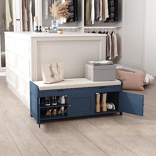 HOMEFORT 41.3" Shoe Bench with Lift Top Storage, Entryway Bench with Cushioned Seat, Wooden End of Bed Bench, Shoe Cabinet Bench with Hidden Storage Space, for Bedroom, Hallway,Blue 8