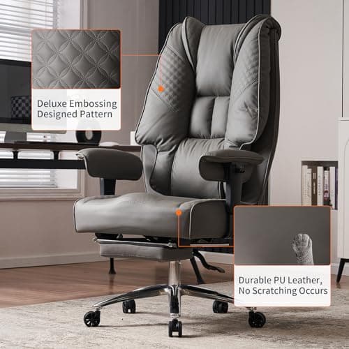 EXCEBET Big and Tall Office Chair 400lbs Wide Seat, Leather High Back Executive Office Chair with Foot Rest, Ergonomic Chairs Lumbar Support for Lower Back Pain Relief (Grey) 6
