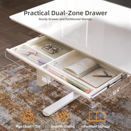 Claiks Glass Standing Desk with Drawers, 40×24 Inch Adjustable Stand Up Desk Quick Install Home Office Computer Desk, White 5