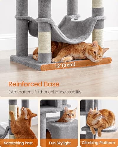 Feandrea Cat Tree, 59.5-Inch Tall Cat Tower, Plush Multi-Level Condo with 5 Scratching Posts, 2 Perches, 2 Caves, Hammock, 2 Pompoms, Light Gray UPCT192W01 7
