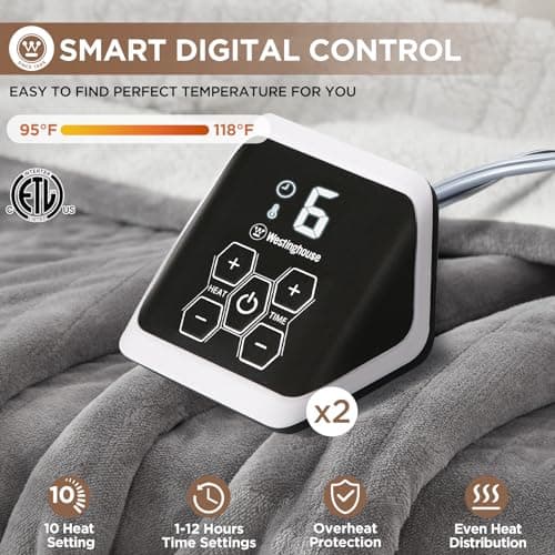 Westinghouse Heated Blanket Queen Size, Soft Flannel to Sherpa Electric Blanket with 10 Heating Levels, 12 Hours Auto Off, Fast Heating Blanket, Machine Washable, 84x90 Inch, Light Grey 5