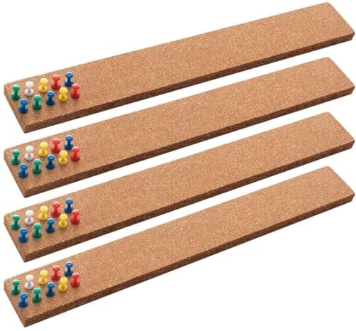 HBlife Cork Board Bulletin Board Bar Strip 15x2 Inch - 1/2 Inch Thick, Frameless Cork Board Strips with 50 Multi-Color Push Pins, Strong Self Adhesive Backing - 4 Pack