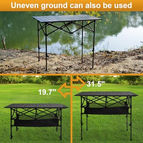 Audoyon Folding Camping Table, Outdoor Roll-up Table Height Adjustable & Portable Metal Camp Grill Table for Picnic, BBQ, Party, Backyard, Beach, Mesh Storage and Carry Bag (Ash Black, 37.4'' Large) 6