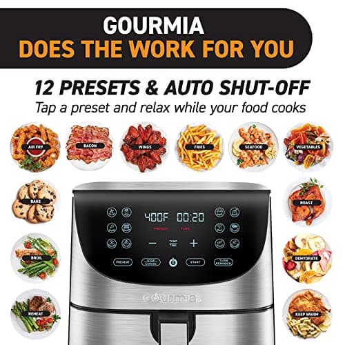 Gourmia Air Fryer Oven Digital Display 7 Quart Large AirFryer Cooker 12 Touch Cooking Presets, XL Air Fryer Basket 1700w Power Multifunction GAF778 Black and stainless steel air fryer FryForce 360° 5