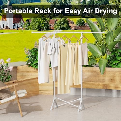 Runsand No Installation Clothes Rack,Portable Folding Carbon Steel Garment Rack - Versatile Heavy Duty Coat Rack with 4 hooks for Indoor and Outdoor Use - great for Home, Camping,Travel (White) 7