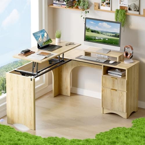 Bestier L Shaped Desk with Lift Desktop, 55 inch Corner Desk with Fluted Panel Deisgn Drawers, Modern Office Desk with File Drawer (Natual Oak, 55'' x 55'' Lift Top)