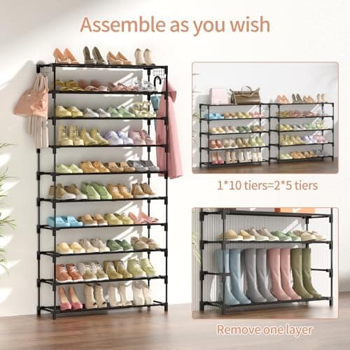 LANTEFUL 10 Tiers Shoe Rack 50 Pairs Large Capacity Tall Shoe Organizer Sturdy Shoe Storage with Two Hooks Space Saving Metal Wide Shoe Rack for Closet, Entryway, Bedroom, Black 5