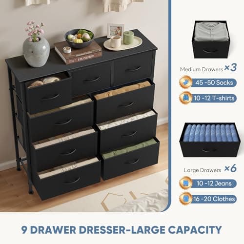 DUMOS 9 Drawer Dresser for Bedroom, Fabric Storage Organizer with Sturdy Metal Frame, Wooden Top Chest of Drawers for Closet Entryway Guest Room,Matte Black 6