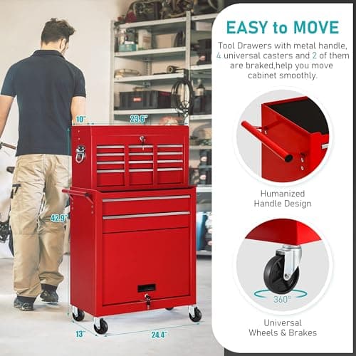 INTERGREAT Tool Chest, 8-Drawer Tool Chest with Wheels, Detachable Red Metal Tool Cabinet with Lock Top Tool Box, Garage, Warehouse, Workshops, Repair Shop 8
