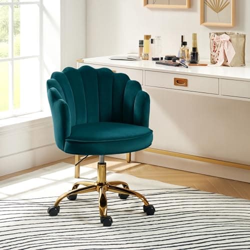 HULALA HOME Velvet Home Office Chair with Gold Base, Womans Modern Cute Shell Back Upholstered Desk Chair for Vanity, Adjustable Swivel Task Chair for Living Room, Teal 8