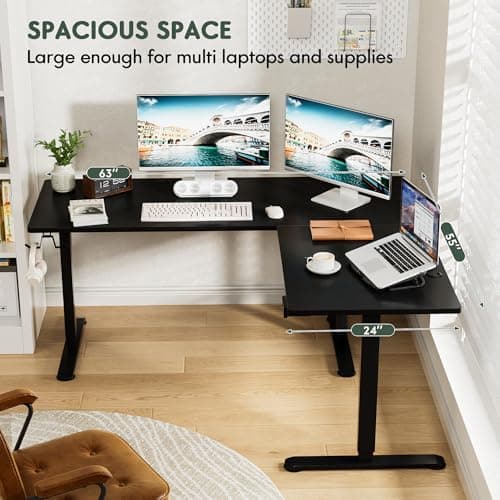 Furmax 63 x 55 Inch L Shaped Standing Desk with 2 Preset Heights, Electric Height Adjustable Computer Table, 2 Hooks & Feet Balance, Corner Sit Stand Desk for Home Office (Black) 6