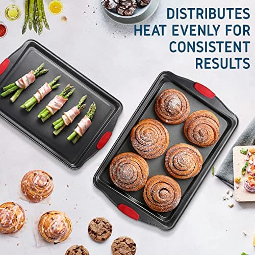 JOYTABLE Baking Sheet, 2PC Cookie Sheet Set with Silicone Handles, Nonstick Steel Baking Pan, Baking Sheets for Oven, BPA Free Baking Pans Set, Cookie Sheets– Black Bakeware, Small & Medium 7