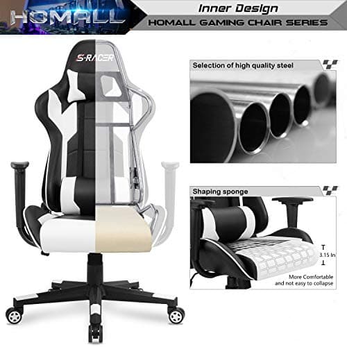Homall Gaming Chair, Office Chair High Back Computer Chair Leather Desk Chair Racing Executive Ergonomic Adjustable Swivel Task Chair with Headrest and Lumbar Support (White) 6
