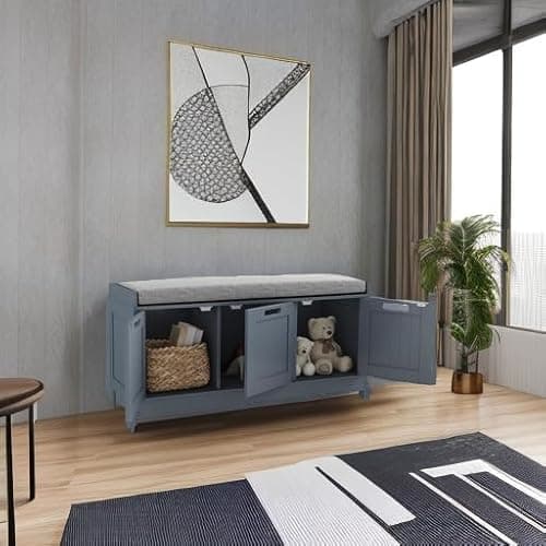 HOMEFORT Shoe Storage Bench, Wooden Shoe Bench with 3-Door Cabinets, Entry Way Home Organizer Bench, Entryway Bench with Padded Cushion Seat, Grey Storage Bench for Bedroom. 5