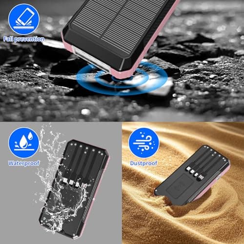 Solar Power Bank 49800mAh, Portable Charger with Built-in 4 Cables, 22.5W Fast Charging Solar Panel Charger for Traveling, Camping and Emergency(Pink) 6