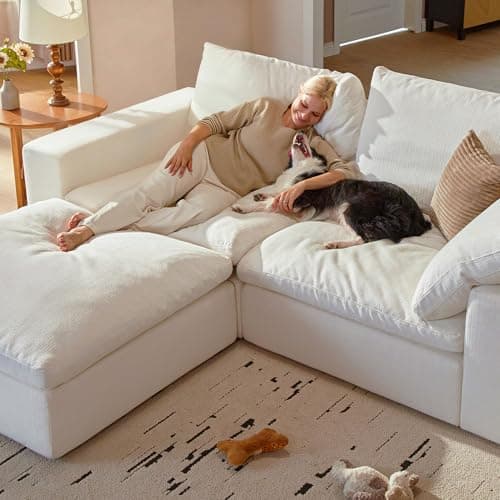 Vorthio Cloud Couch Sectional 113.8'' Oversized Modular Deep Seat Sofa L Shaped Comfy White Cloud Couch with Washable Cover for Living Room 3 Seater with 1 Ottoman 7