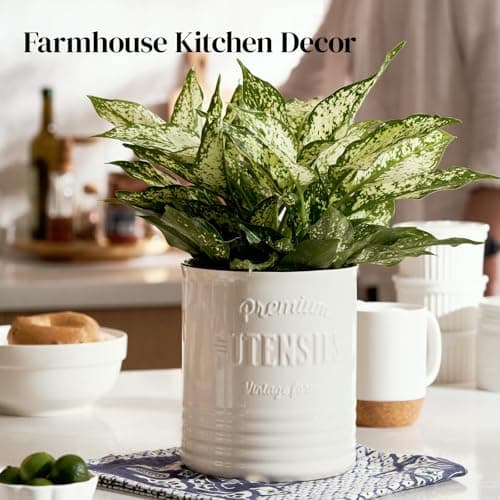 DOWAN 7.2″ Extra Large Kitchen Utensil Holder, Farmhouse Utensil Holder for Countertop, Ceramic Utensil Crock with Protection Cork Mat, Utensil Organizer for Kitchen Decor & Housewarming Gift, White 7