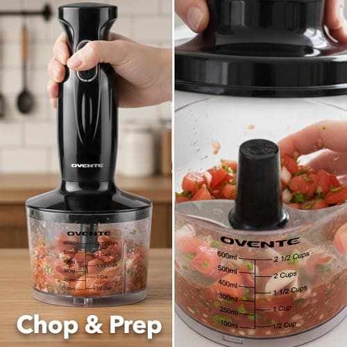 OVENTE Immersion Hand Blender Set, 300W Corded Electric Handheld Stick Mixer, 2 Mixing Speeds with Stainless Steel Blades, Egg Whisk, Beaker & BPA-Free Food Chopper, Black HS565B 6