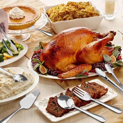 Serving Utensils, XEVOM 6-Piece Stainless Steel Serving Utensil Set Include Serving Spoon, Slotted Serving Spoon, Serving Fork,Serving Tong, Appetizers Tong,Pie Server (Silver), Regular 6