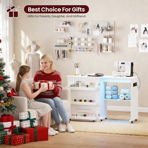 Lvifur Folding Sewing Table - with Storage, Lighted Sewing Cabinet with Charging Station, Farmhouse Sewing Desk with Motion Sensor Lights, Cutting Table with 3 Storage Trays,6 Wheels,White 8