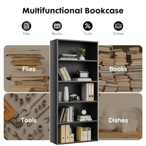 Sweetcrispy Industrial 5 Shelf Bookcase - Large 53 Inch Tall Floor Standing Open Bookshelf for Home Office, Living Room, and Bedroom Storage, Classic Black 7