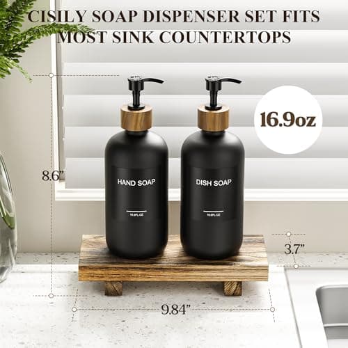 Cisily Black Soap Dispenser Set with Wooden Tray, Dish and Hand Soap Lotion Dispenser Set with Wooden Pump for Kitchen and Bathroom Decor for Counter, Modern Vintage Liquid Soap Dispensers 7