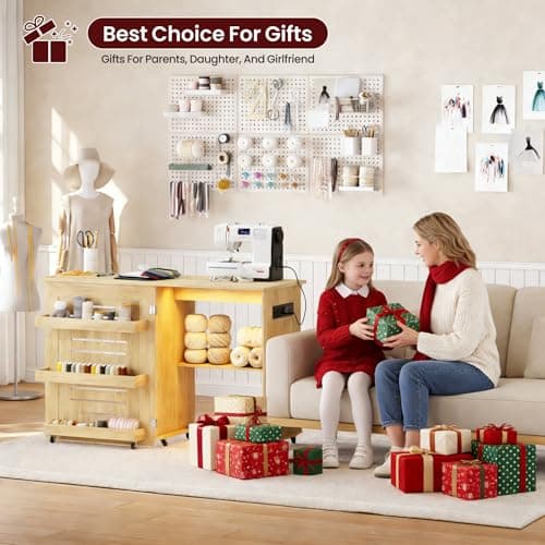 Lvifur Folding Sewing Table - with Storage, Lighted Sewing Cabinet with Charging Station, Farmhouse Sewing Desk with Motion Sensor Lights, Cutting Table with 3 Storage Trays,6 Wheels,Natural 8