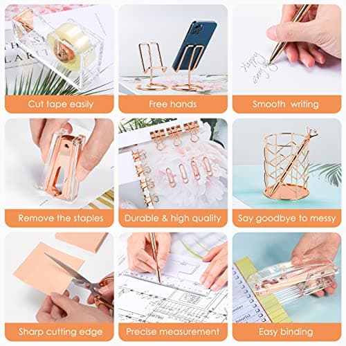 Rose Gold Office Supplies Set 11PCS, Aibocn Desk Accessories Stapler, Staple Remover, 1000pcs Staples, Tape Holder, Pen Holder, Pen, Scissors, Binder/Clips and Ruler, Gift for Students and Coworkers 6