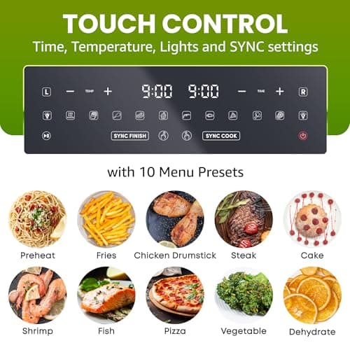 Elite Gourmet Dual Zone Air Fryer Oven 11QT, Dual Basket Air Fryer with Divider, Sync Finish & Sync Cook, PFAS Free Nonstick, 10 Presets, Air Fry Bake Roast Broil Toast Dehydrate, 1600W Black 7