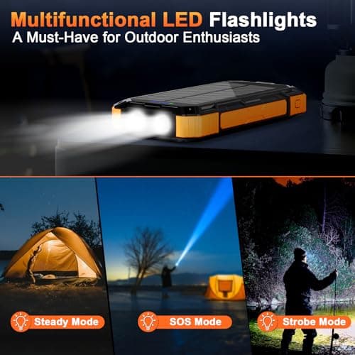 WONGKUO Solar Charger Power Bank - 49800mAh Solar Phone Charger with USB-C in/Output, QC 3.0 Fast Charging with LED Flashlight, Built-in 4 Cables, IP65 Waterproof Fits for Outdoor (Matte Orange) 6