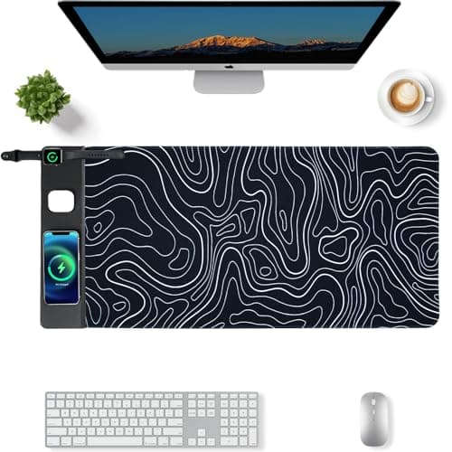 VOVIPO 3 in 1 Wireless Charging Mouse Pad, Gift for Dad/Office Manager,Wireless Charger Compitable with iPhone/Watch/airpods. Wireless Charging Desk Mat 90 x 40cm,Black Topographic Computer Desk Pad 7