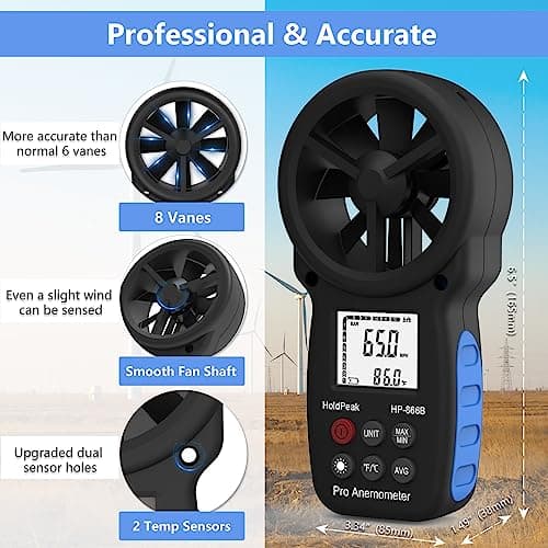 HoldPeak Handheld Anemometer Bluetooth, Digital Wind Speed Gauge Meter, Air Flow Velocity Temperature CFM Measuring Device for HVAC Outdoor Sailing Shooting Golf, 866B-APP 4
