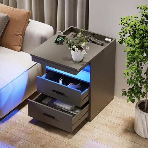 Nightstand with Gun Drawer, Charging Bedside Table with USB & Type-C Port, LED Night Stand with Human Sensor Light, Modern End Table with Drawers for Bedroom Office, Grey 5