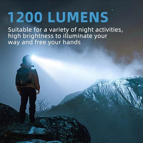 Super Bright 1200 Lumen LED Rechargeable Headlamp with Rotatable Hidden Type-C Port,IPX6 Waterproof Head Light with 2600mAh Battery,180° Adjustable Head lamp with 6 Modes for Camping Hiking Fishing 5