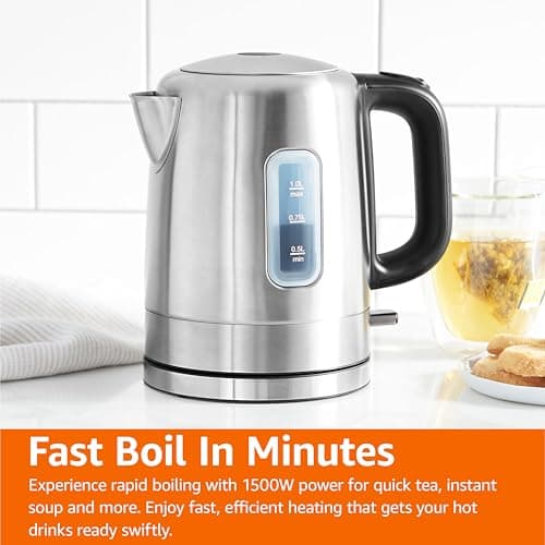 Amazon Basics Electric Stainless Steel Kettle for Tea and Coffee, BPA-Free, Fast Boiling, Auto Shut-Off, 1 Liter, 1500W, Black and Silver 6