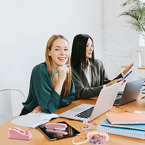 Pink Office Supplies, UPIHO Pink Desk Accessories, Stapler and Tape Dispenser Set for Women with Stapler, Tape Dispenser, Staple Remover, Staples, Clips, Scissor and Tabs,Gift for Students, Coworkers 7