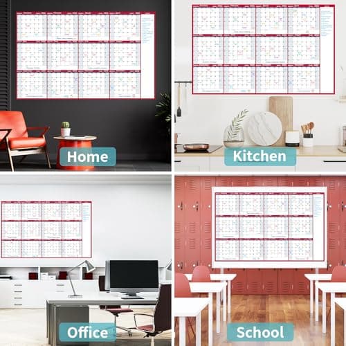 Large Dry Erase Calendar for Wall – Yearly Wall Calendar Dry Erase, 58" x 37", 12-Month Undated Blank Calendar Planner, Reusable Laminated Wall Calendar, 15 Round Stickers, Perfect for Home, Office and School - Blue With Red 8