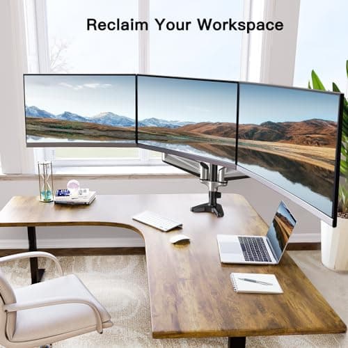 HUANUO Gaming Triple Monitor Stand, Full Motion Articulating Triple Monitor Mount Fit 17 to 32 inch Flat/Curved LCD Computer Screens with Clamp, Grommet Kit, Silver 8